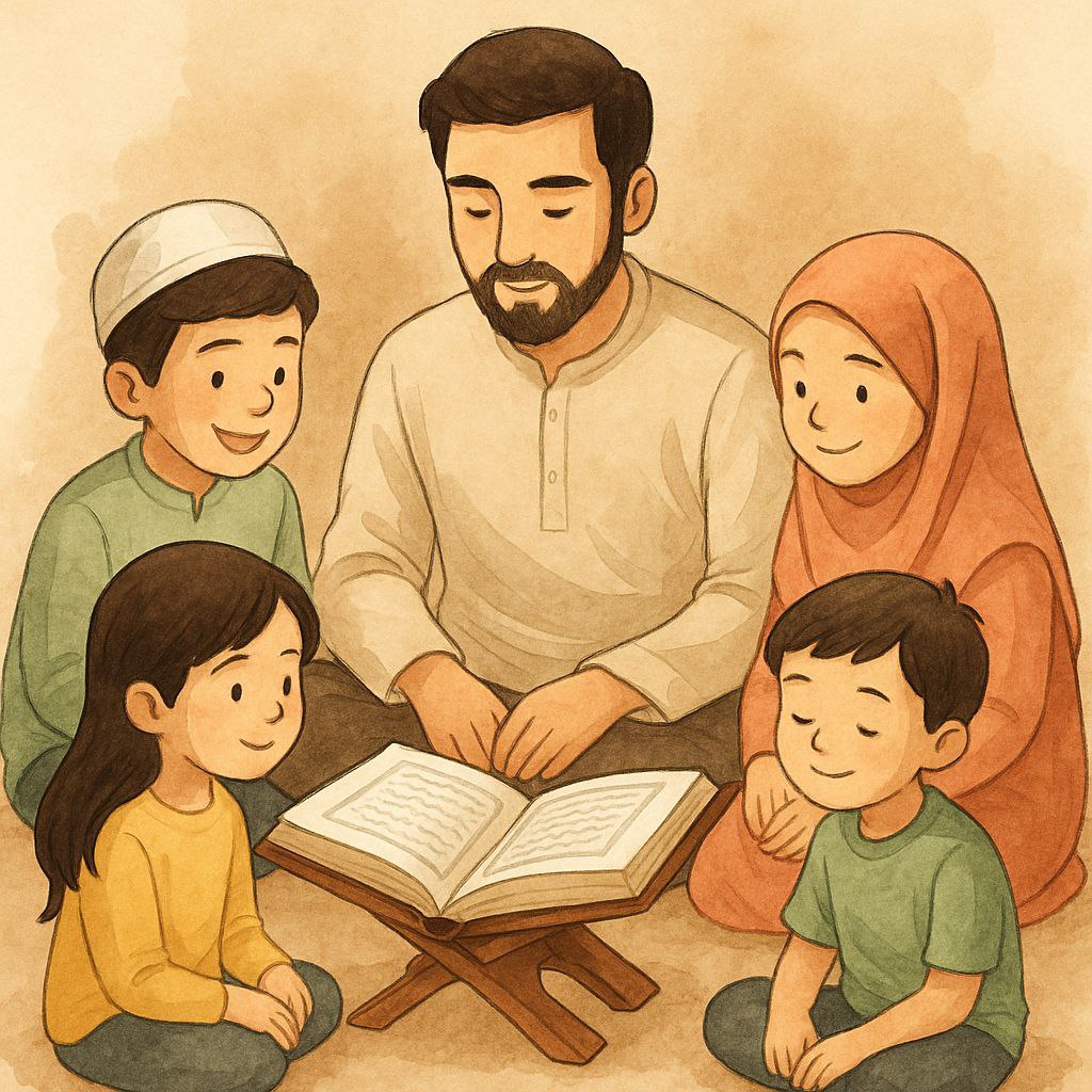 A Muslim father and his four children sitting together in a warm, cozy room, reading the Quran with focus and serenity.