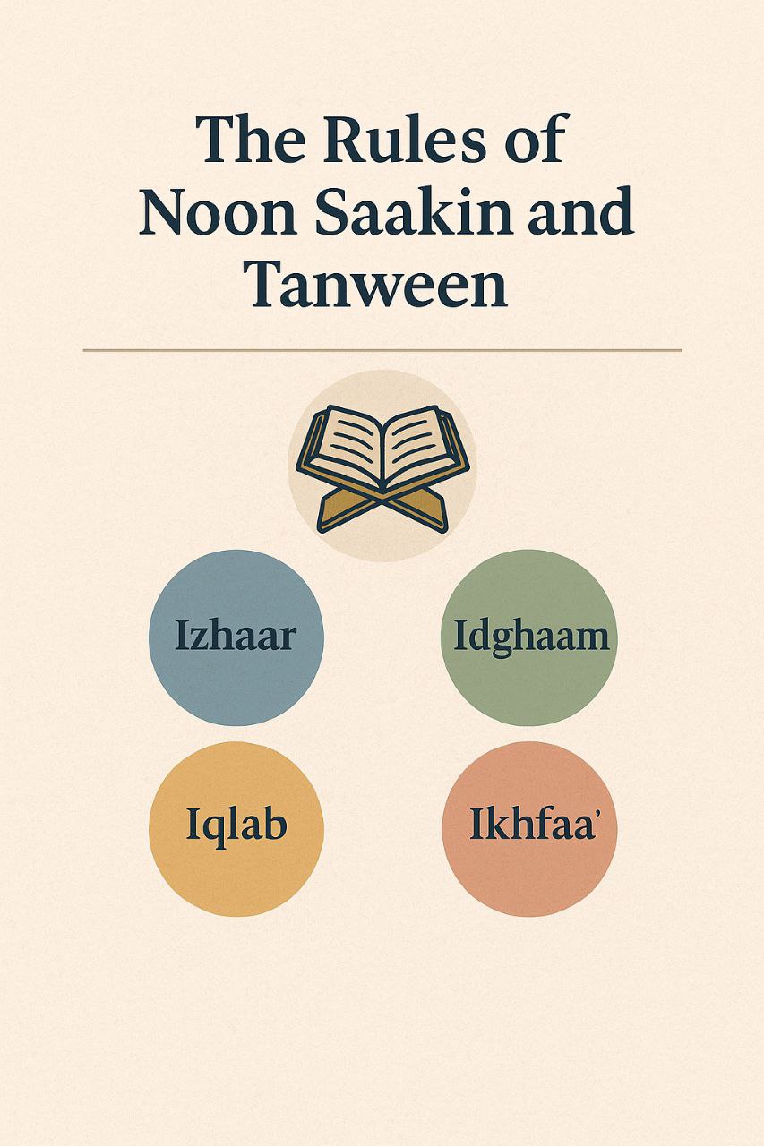 "Infographic illustrating the four Tajweed rules of Noon Saakin and Tanween: Izhaar, Idghaam, Iqlab, and Ikhfaa’, with an open Quran icon"