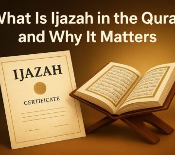 Quran Ijazah certificate beside an open Quran on a wooden stand, symbolizing authentic Quran recitation and Sanad.